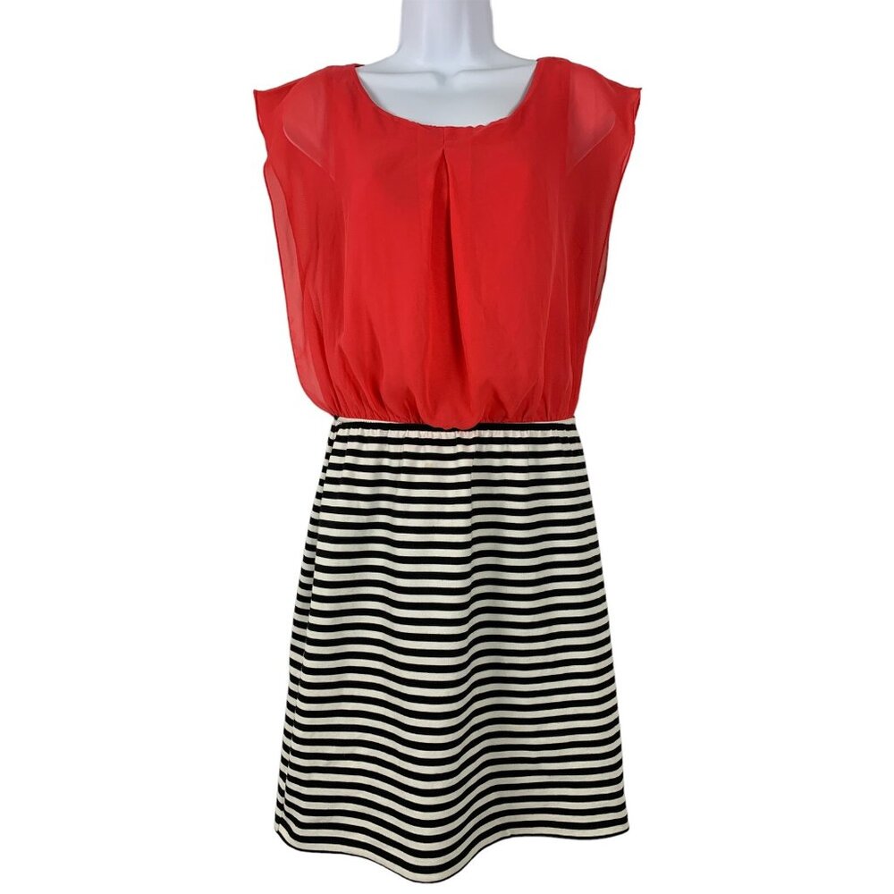 Studio Y Womens Red & Black Striped Sleeveless Dress With Sheer Top Medium - Picture 1 of 10